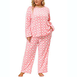 Agnes Orinda Plus Size Flannel Pajamas Set for Women Heart Prints Long Sleeve Elastic Waist Crew Neck Loungewear Soft Sleepwears 2X Pink