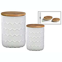 Urban Trends Collection Ceramic Round Canister with Bamboo Lid and Engraved Honeycomb Design Body Set of Two Gloss Finish White