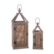 Urban Trends Collection Wood Rectangle Lantern with Metal Top Handle and Bamboo Sides in Lattice Window Cover Design Set of Two Natural Finish Brown