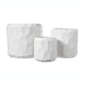 Urban Trends Collection Ceramic Cylindrical Pot with Wide Mouth and Embossed Irregular Patterns Design Body Set of Three Matte Finish White