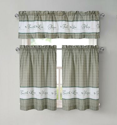 Kate Aurora Country Living Gingham Check Hope Faith Love 3 Pc Cafe Kitchen Curtain Set - 58 in. W x 14 in. L, Gray/Sage
