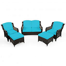 Costway 5 Pieces Patio Rattan Sofa Set with Cushion and Ottoman-Turquoise