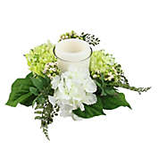 16" Decorative Artificial Cream White and Green Hydrangea and Berry Hurricane Glass Candle Holder