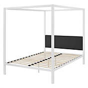 Slickblue Queen size White Metal Canopy Bed Frame with Grey Fabric Upholstered Headboard
