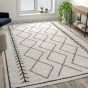 Emma and Oliver 8' x 10' Ivory and Black Geometric Style Modern Bohemian Design Shag Area Rug