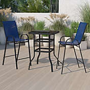 Emma + Oliver 3 Piece Outdoor Bar Height Set-Glass Patio Bar Table-Navy All-Weather Barstools