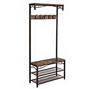 Benzara Wood and Metal Frame Hall Tree with 5 Dual Hooks, Rustic Brown and Black