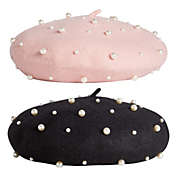 Zodaca 2 Pack Pearl Beret Hats for Women, Black and Pink Wool (11 Inches)