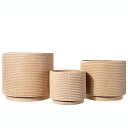 Urban Trends Collection Ceramic Round Pot with Embossed Weave Design Body Set of Three Matte Finish Brown