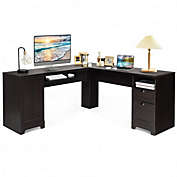 Costway 66 Inch L-Shaped Writing Study Workstation Computer Desk with Drawers-Coffee