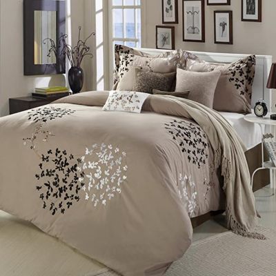 BEAUTIFUL MODERN TAUPE GREY TAN WHITE BEIGE COMFORTER BED IN BAG SET & SHEETS 