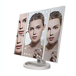 PURSONIC LED Tri Fold Vanity Mirror 2X and 3X Magnifications - 24 Dimmable Natural Lights, Touch Screen Adjustable Countertop Table Mirror with Cosmetic Stand