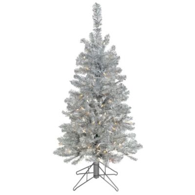 Good Tidings Artificial Silver Tinsel Pre-Lit Christmas Tree w/ Stand, 4.25&#39;