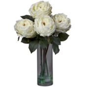 Nearly Natural 18" White Fancy Rose Silk Flower Arrangement with Cylinder Vase