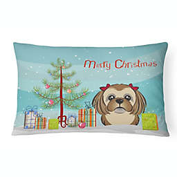 Caroline's Treasures Christmas Tree and Chocolate Brown Shih Tzu Canvas Fabric Decorative Pillow 12 x 16