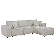 Saltoro Sherpi Shore 104 Inch Modular Sofa with Reversible Chaise, Pillows, Beige Fabric-