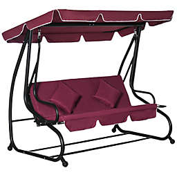 Outsunny 3 Seat Outdoor Free Standing Covered Swing Bench with Comfortable Cushioned Fabric & Included Canopy, Red