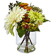 Nearly Natural Mixed Dahlia and Mum Centerpiece with Glass Vase
