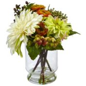 Nearly Natural 10.5" Artificial Mixed Dahlia and Mum Flower with Glass Vase
