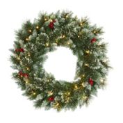 Nearly Natural Pre-Lit Frosted Swiss Pine Artificial Christmas Wreath with Berries, 24-Inch, Clear LED Lights