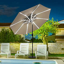 Costway 9Ft Solar LED Market Umbrella with Aluminum Crank Tilt 16 Strip Lights-Tan