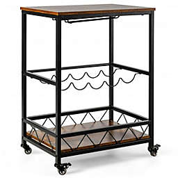 Costway Kitchen Bar Cart Serving Trolley on Wheels with Wine Rack Glass Holder-Rustic Brown
