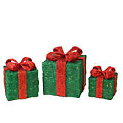 Northlight Set of 3 Lighted Sparkling Green Sisal Gift Boxes Christmas Outdoor Decorations
