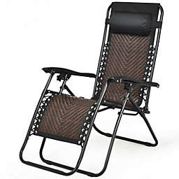 Costway Folding Rattan Zero Gravity Lounge Chair with Removable Head Pillow-Coffee