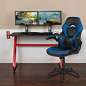 Emma + Oliver Gaming Bundle-Red Desk, Cup Holder, Headphone Hook and Blue Chair