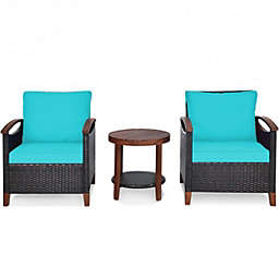 Costway 3 Pcs Solid Wood Frame Patio Rattan Furniture Set-Turquoise