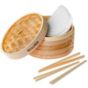 BlauKe 2-Tier Bamboo Steamer for Cooking Dumplings, Vegetables, Meat, Fish, Rice - Bamboo Steamer Basket 10 Inch with 2 Pairs Chopsticks, Tongs and 50 Paper Liners