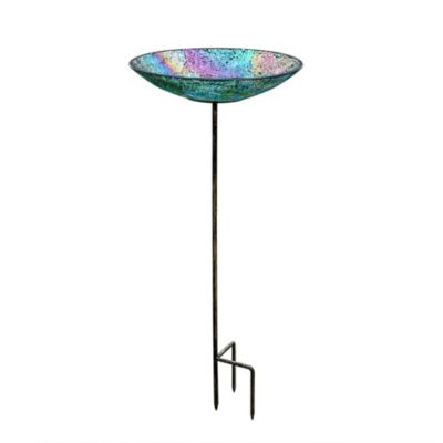 WHOLE HOUSEWARES D 13" X H 30" Birdbath/Feeder With Stake, Iridescent Crackled Glass