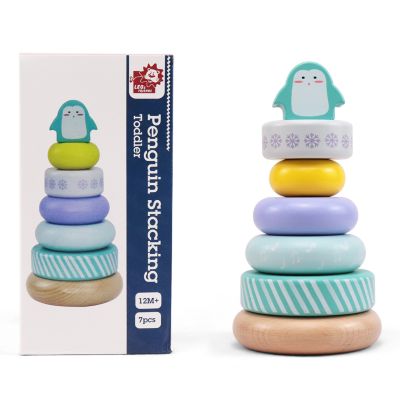 Leo & Friends Penguin Stacking Toddler Ring Tower, Made for Kids 12 Months+, 7-Piece Blue Wooden Stacker Puzzle, Perfect Birthday or Holiday Present   Promotes Hand-Eye Coordination and Imaginative Play