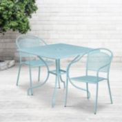 Flash Furniture Oia Commercial Grade 35.5" Square Sky Blue Indoor-Outdoor Steel Patio Table Set with 2 Round Back Chairs