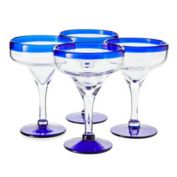 Okuna Outpost Set of 4 Hand Blown Mexican Margarita Glasses with Cobalt Blue Rim (14 oz)