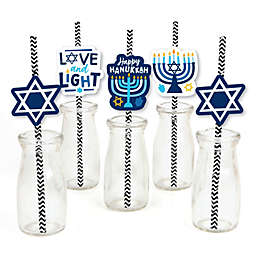 Big Dot of Happiness Hanukkah Menorah - Paper Straw Decor - Chanukah Holiday Party Striped Decorative Straws - Set of 24