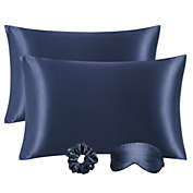 PiccoCasa Solid Satin Pillowcase for Hair and Skin, Durable Pillowcases Queen Set of 2, Silky Bed Pillow Covers with Eye Mask and Scrunchie, Zipper Closure Pillow Cover 20x30 Inch Navy Blue