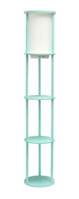 Simple Designs 62.5" Round Modern Shelf Etagere Organizer Storage Floor Lamp With 2 Usb Charging Ports, 1 Charging Outlet And Linen Shade, Aqua