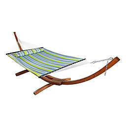 Sunnydaze Quilted Double Fabric 2-Person Hammock with Curved Arc Wood Stand - 400 lb Weight Capacity/13' Stand - Blue and Green