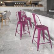 Flash Furniture Carly Commercial Grade 24" High Purple Metal Indoor-Outdoor Counter Height Stool with Back