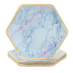 Blue Panda Marble Paper Party Plates (24 Count), Gold Foil Border, 9 x 8 Inches