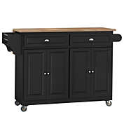 HOMCOM Rolling Kitchen Island on Wheels Ultility Cart with Drop-Leaf and Rubber Wood Countertop, Storage Drawer, Door Cabinet, Black