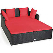Costway Outdoor Patio Rattan Daybed Thick Pillows Cushioned Sofa Furniture-Red