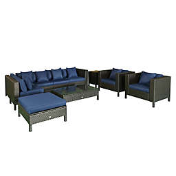 Outsunny 9-Piece Rattan Wicker Outdoor Patio Sectional Furniture Conversation Set with Modern Design, Thick Soft Cushions, Footstool & Tea Table, Navy