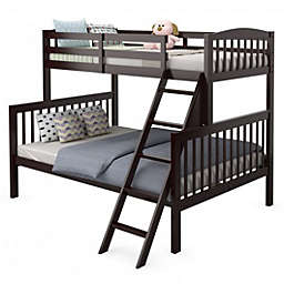 Costway Twin over Full Bunk Bed Rubber Wood Convertible with Ladder Guardrail-Espresso