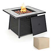 Slickblue 35 Inch Propane Gas Fire Pit Table Wicker Rattan with Lava Rocks PVC Cover-Black