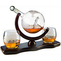 Etched World Decanter whiskey Globe - The Wine Savant Whiskey Gift Set Globe Decanter with Antique Airplane, Whiskey Stones and 2 World Map Glasses