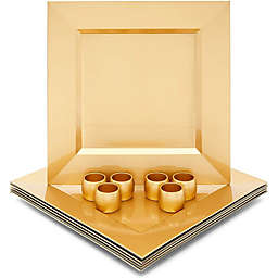 Juvale Square Metallic Gold Plastic Charger Plates and Napkin Rings Set (Serves 6)