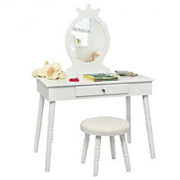 Costway Kids Vanity Makeup Table & Chair Set Make Up Stool-White