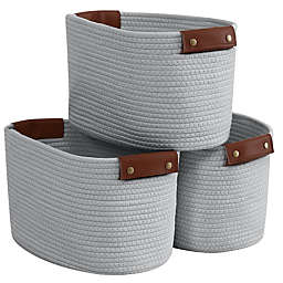 Ornavo Home 3 Pack Woven Cotton Rope Shelf Storage Basket with Leather Handles